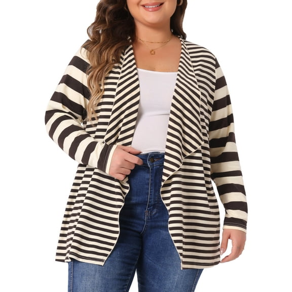 Unique Bargains Women's Plus Size Open Front Striped Mixed Cardigan 4X Brown