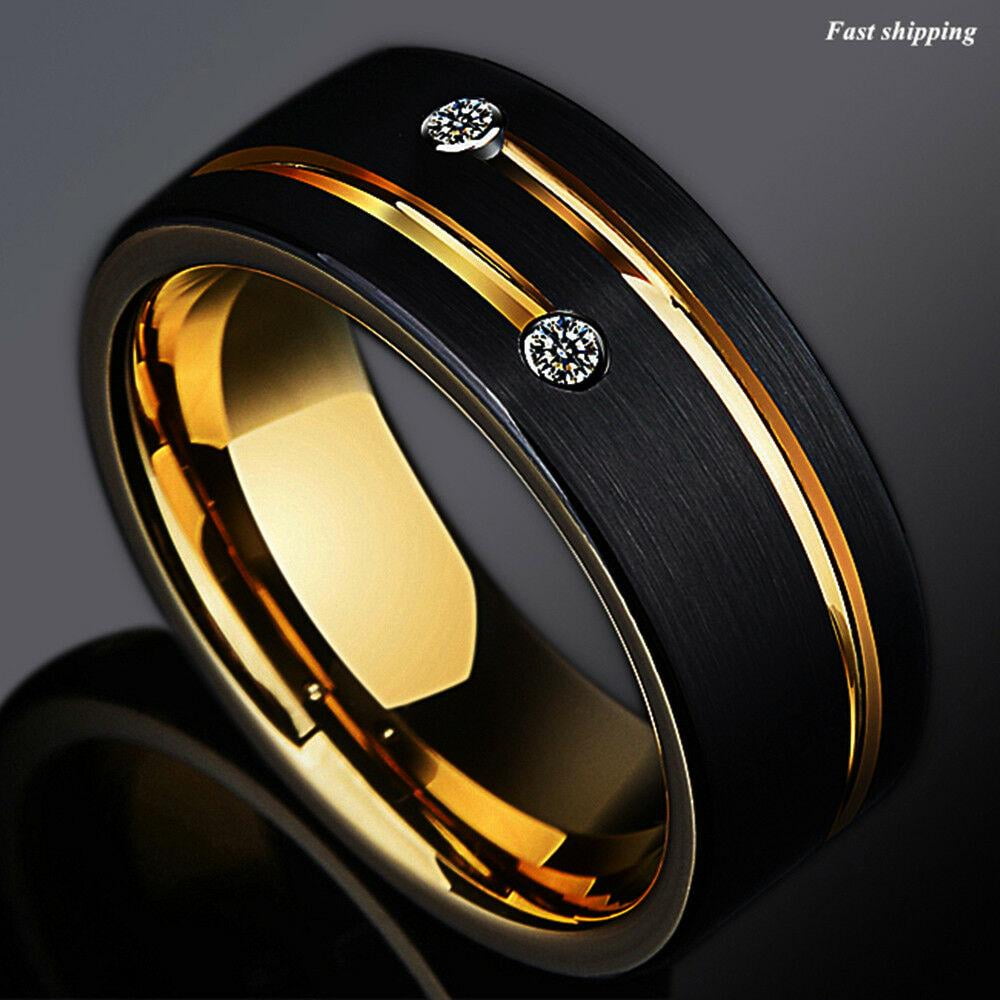8mm Black Brushed Tungsten Ring Gold Grooved Line Diamond Men Wedding