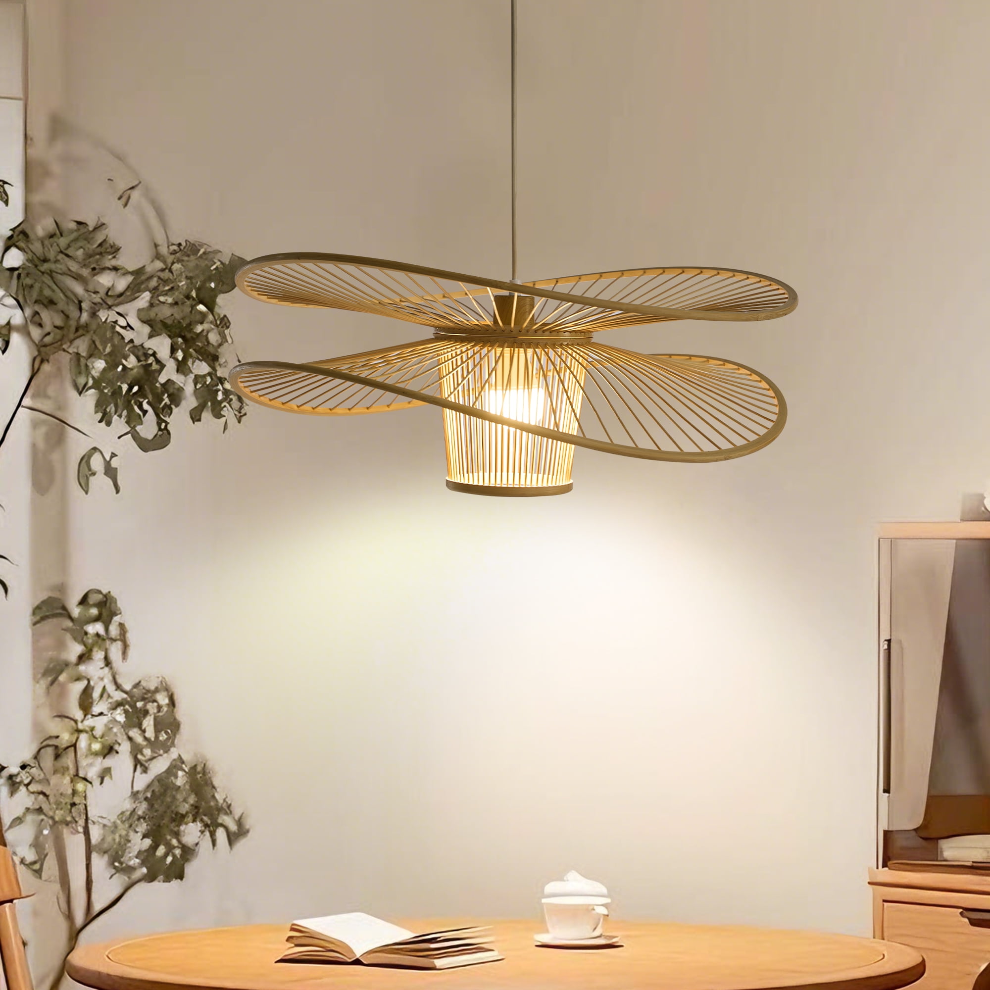Booniture Boho Bamboo Pendant Light Fixture, Modern Natural Handmade 1-Light Black Hanging Lamp, Farmhouse Lighting for Bedroom Living Room Dining Room