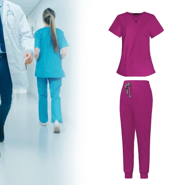 Conjunto de Médica para Mujer Perfecl Traje de Trabajo de Enfermera Ligero Suave Cómodo Escote en V Blusa Roja