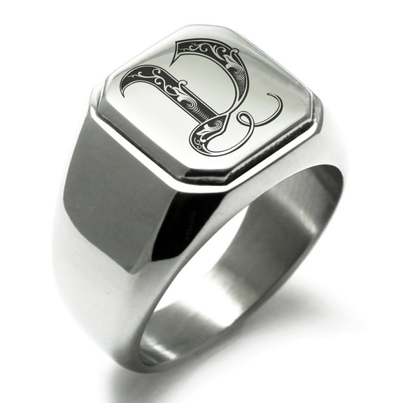 Tioneer Stainless Steel Letter V Initial Royal Monogram Engraved Engraved Square Flat Top Biker Style Polished Signet Ring