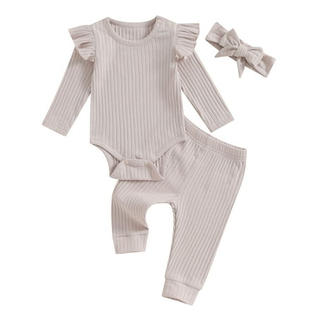 

Wallarenear 3Pcs Baby Girls Solid Color Rib Frill Long Sleeve Romper Elastic Pants Headband