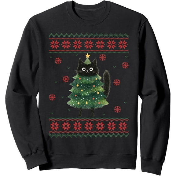 Black Cat Christmas Tree Ugly Sweater Funny Xmas Tree Cat Sweatshirt