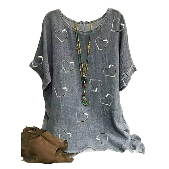 Gvmfive Women Floral Print Round Neck Short Sleeve Tops Pullover Blouse