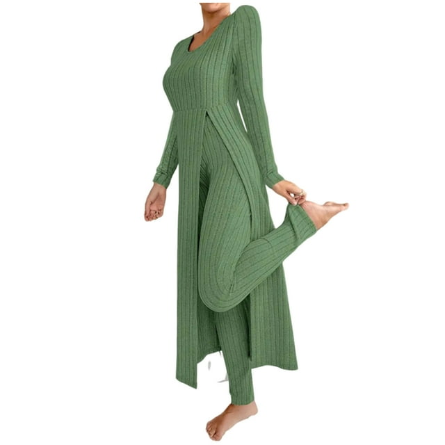 MeetoTime Womens Pajama Sets Solid Color Slim Side Split Long Sleeve Top Pants Ladies Sleepwear