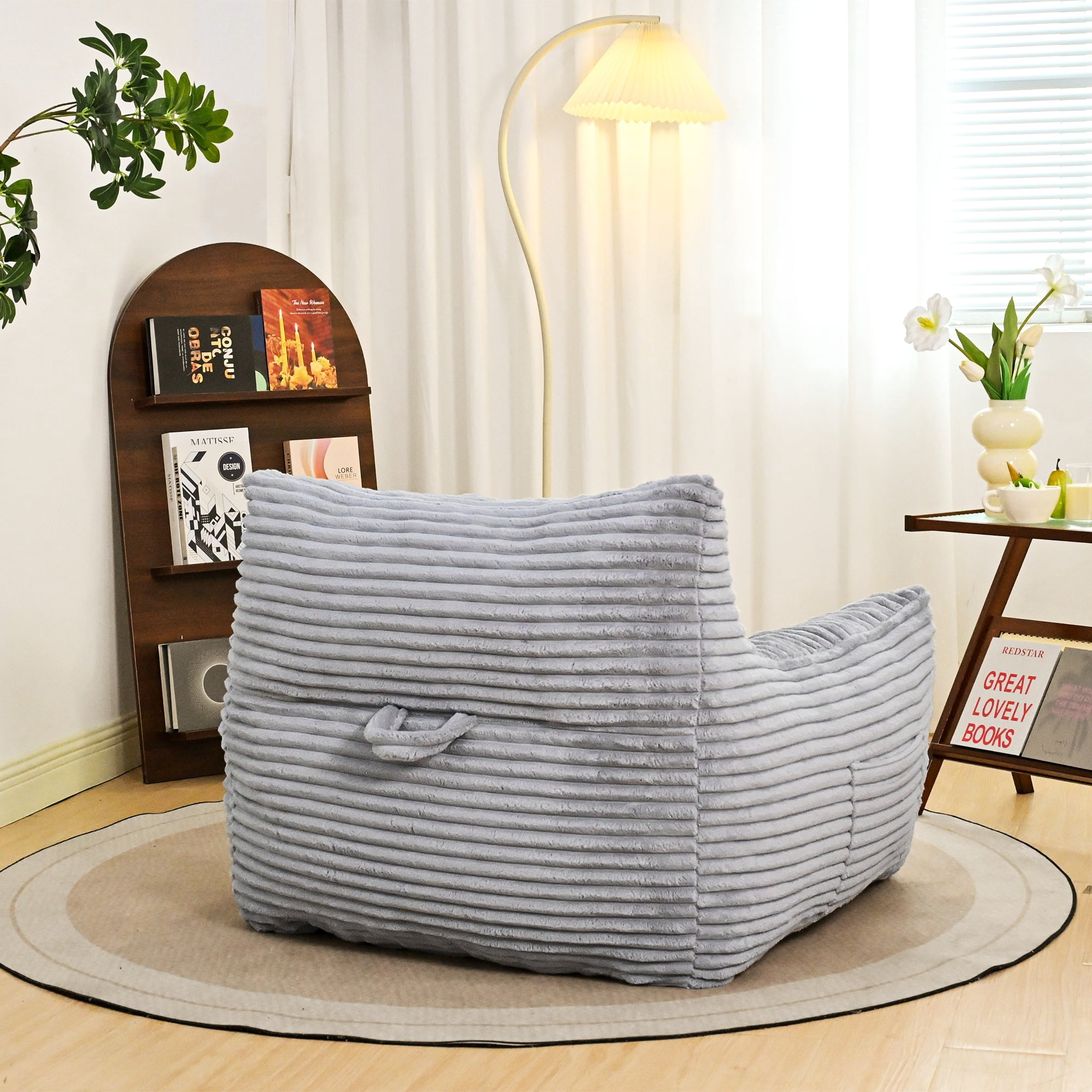 Ywen Bean Bag Chair for Adults & Kids, Giant Bean Bag Sofa with Side Pocket, Corduroy Beanbag Chair with Armrests, Comfy Stuffed Floor Sofa for Living Room Bedroom Dorm,Light Gray
