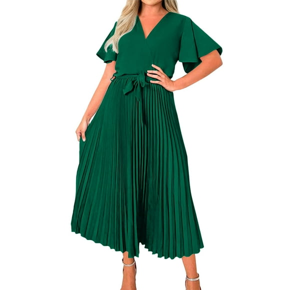 Vestido largo elegante con cuello en V y pliegues para mujer - Vestido midi fluido de gasa con corte en A - Adecuado para el trabajo, bodas, fiestas y uso diario