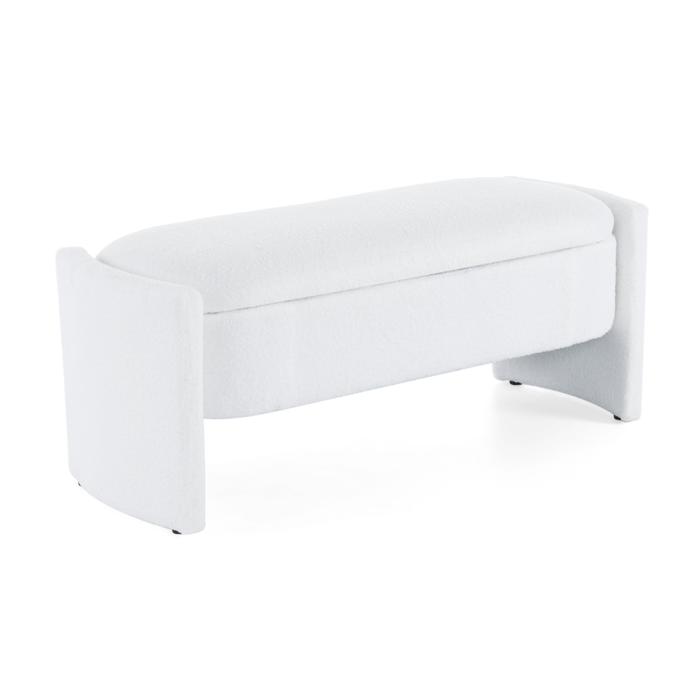 Modern Storage Ottoman Bench with Wood Frame, Boucle Fabric, White