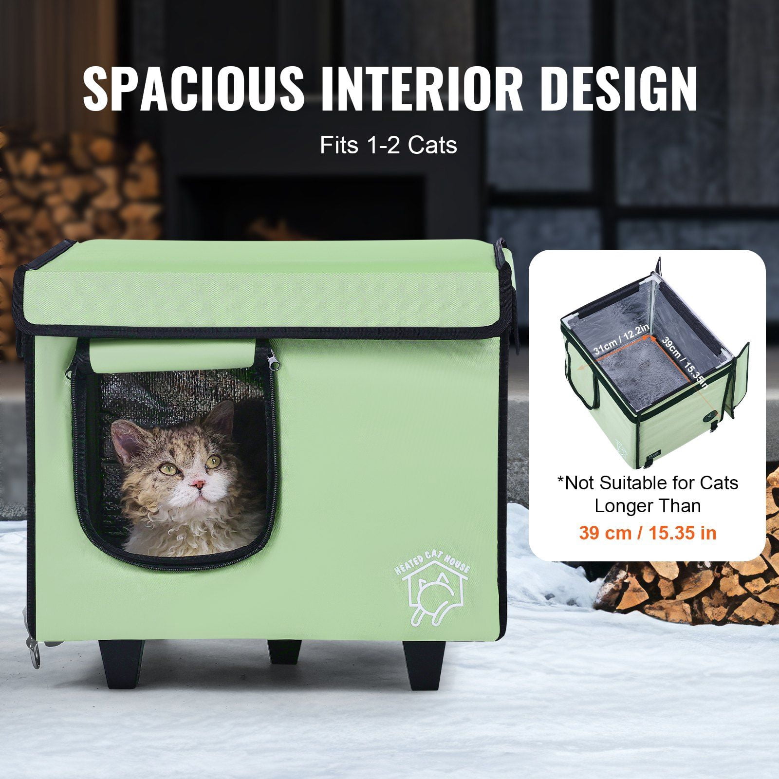 Outdoor Heated Cat House with Weatherproof Cover & Detachable Heated Pad – Insulated Winter Shelter for Pets (Green, Small)