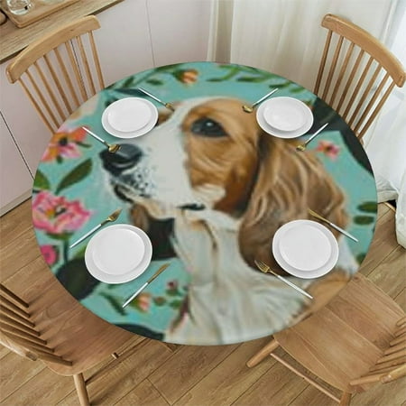 

Qlo0ole Basset Hound Florals Print Polyester Round Washable Wipeable Reusable Elastic Tablecloth 38-42