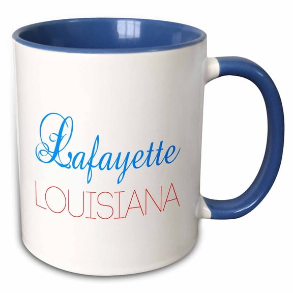 3drose, Lafayette, Louisiana Blue, Red Text. Patriotic Home Town Design, 11oz Two-tone Blue Mug