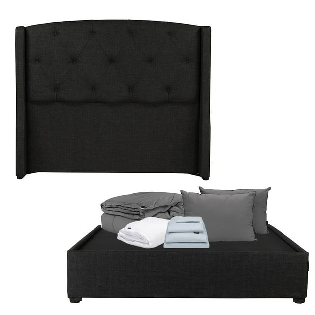 Box Base Cama Queen Size+Cabecera Zefyr Negro+Almohada 2Pack+Protector Cloud+Sabanas Softy+Edredon Homy