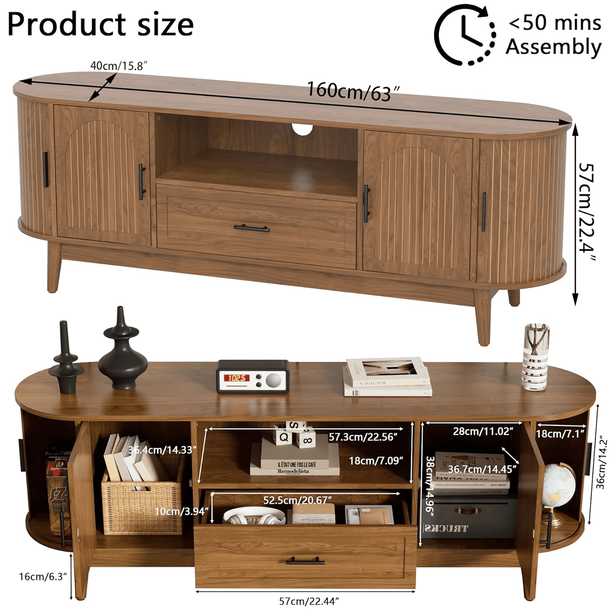 63" TV Stand for Tvs up to 70", Mid Century Modern Fluted Entertainment Center with Drawer and Fluted Doors, Media Console for Living Room Bedroom, Walnut