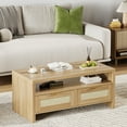 thumbnail image 4 of Mid Century Modern Rattan Coffee Table - Rectangular Wooden Center Table with 2 Storage Drawers & Open Shelf - Boho Living Room Furniture - Ideal for Home or Office - Brown, 4 of 8