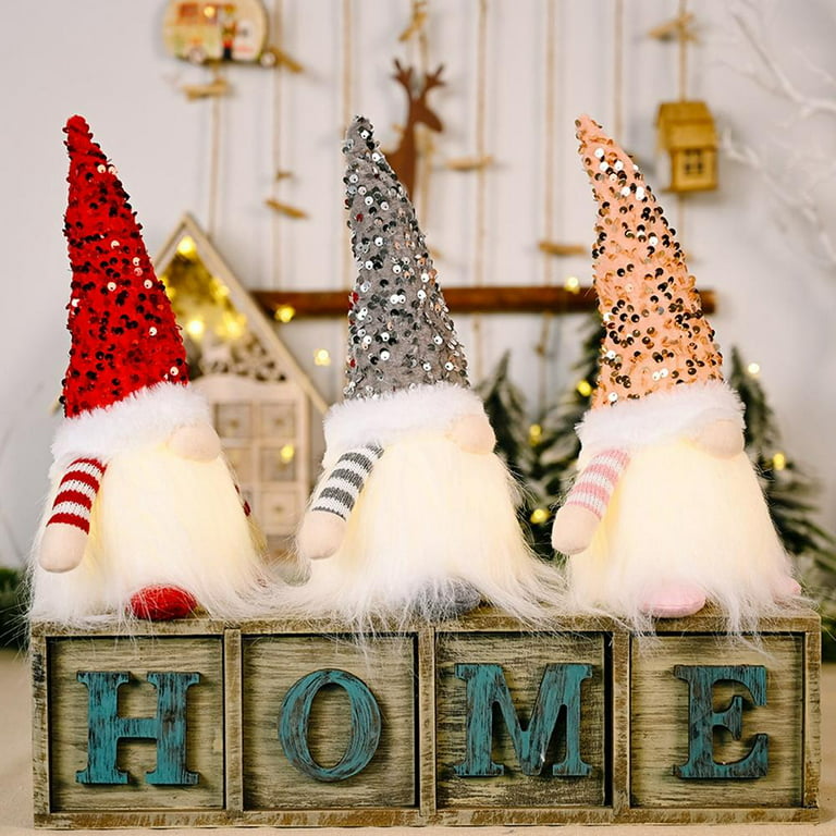 Christmas Gnomes Decorations with LED Light, Handmade Swedish Tomte Gnomes, Lighted Scandinavian Santa Elf Plush Table Ornaments, Xmas Holiday Winter