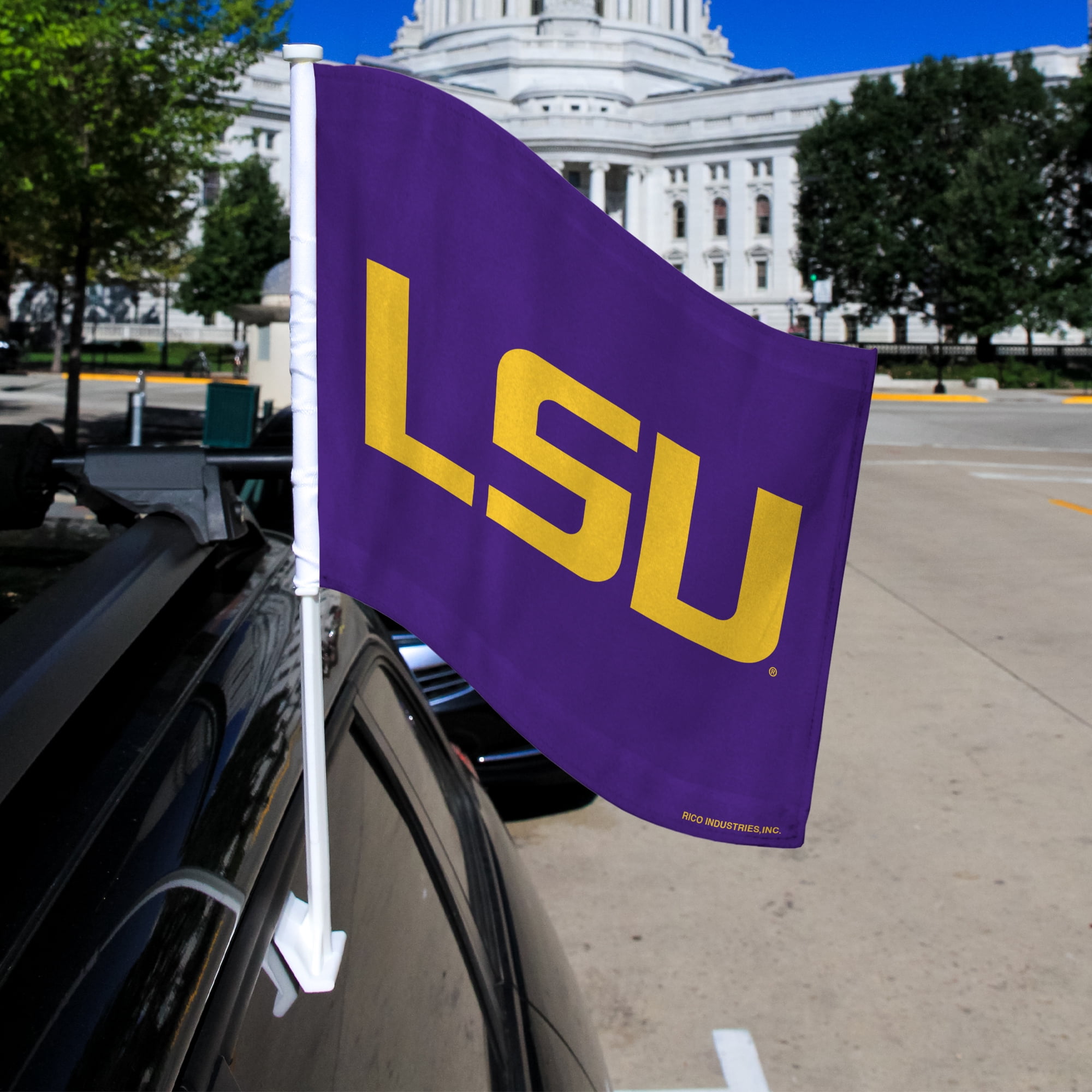 Rico Industries LSU College Double Sided Car Flag - 16" x 19" - Strong Pole that Hooks Onto Car/Truck/Automobile
