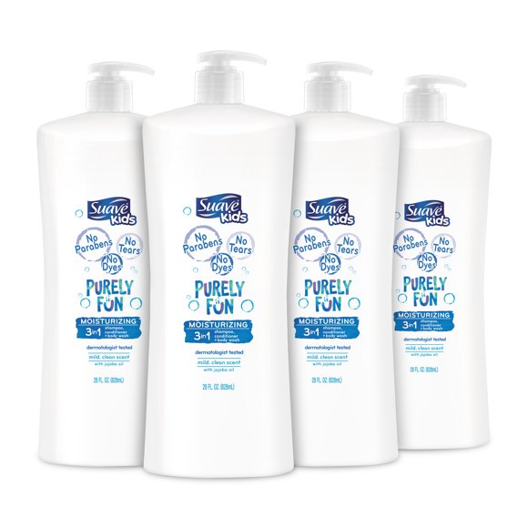 Suave Kids 3-in-1 Shampoo, Conditioner, Body Wash Purely Fun, 28 oz, 4 Count
