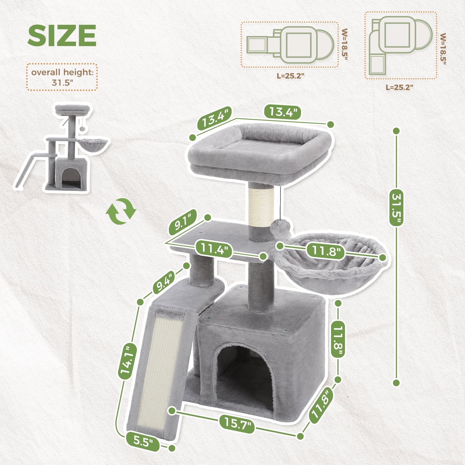 Pefilos 32" Cat Tree Tower, Cute Cat Condo with Sisal Scratching Ramp, Cozy Hammock and Removable Top Bed Perch for Indoor Kittens, Gray