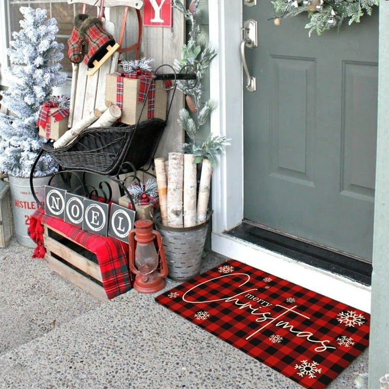 Front Door Mat Non-slip Absorbent Indoor Doormat, Small Entrance Rug Merry  Christmas Plaid Xmas Tree and Snowflake Vintage Wooden Board Doormats Entry