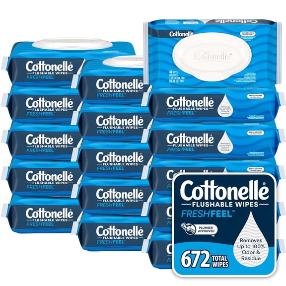 Fresh Feel Flushable Wet Wipes, Adult Wet Wipes, 16 Flip-Top Packs, 42 Wipes Per Pack (672 Total Wipes), Packaging May Vary