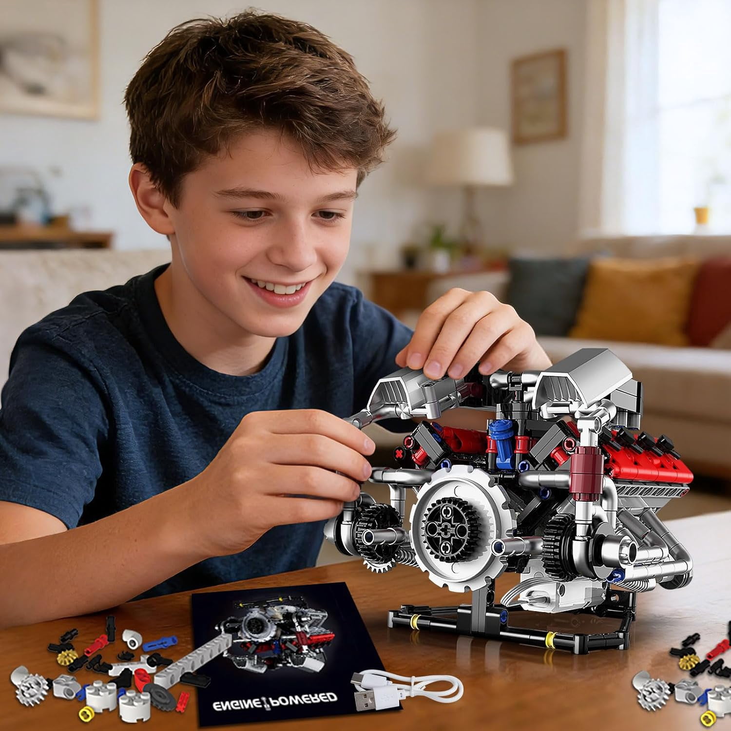 700PCS V8 Engine Kits that Works Building Sets,Car Engine Model Kit with Motor and Lights,Visible Piston Movement Mechanical STEM Toy for Car Enthusiasts Adults,Kids