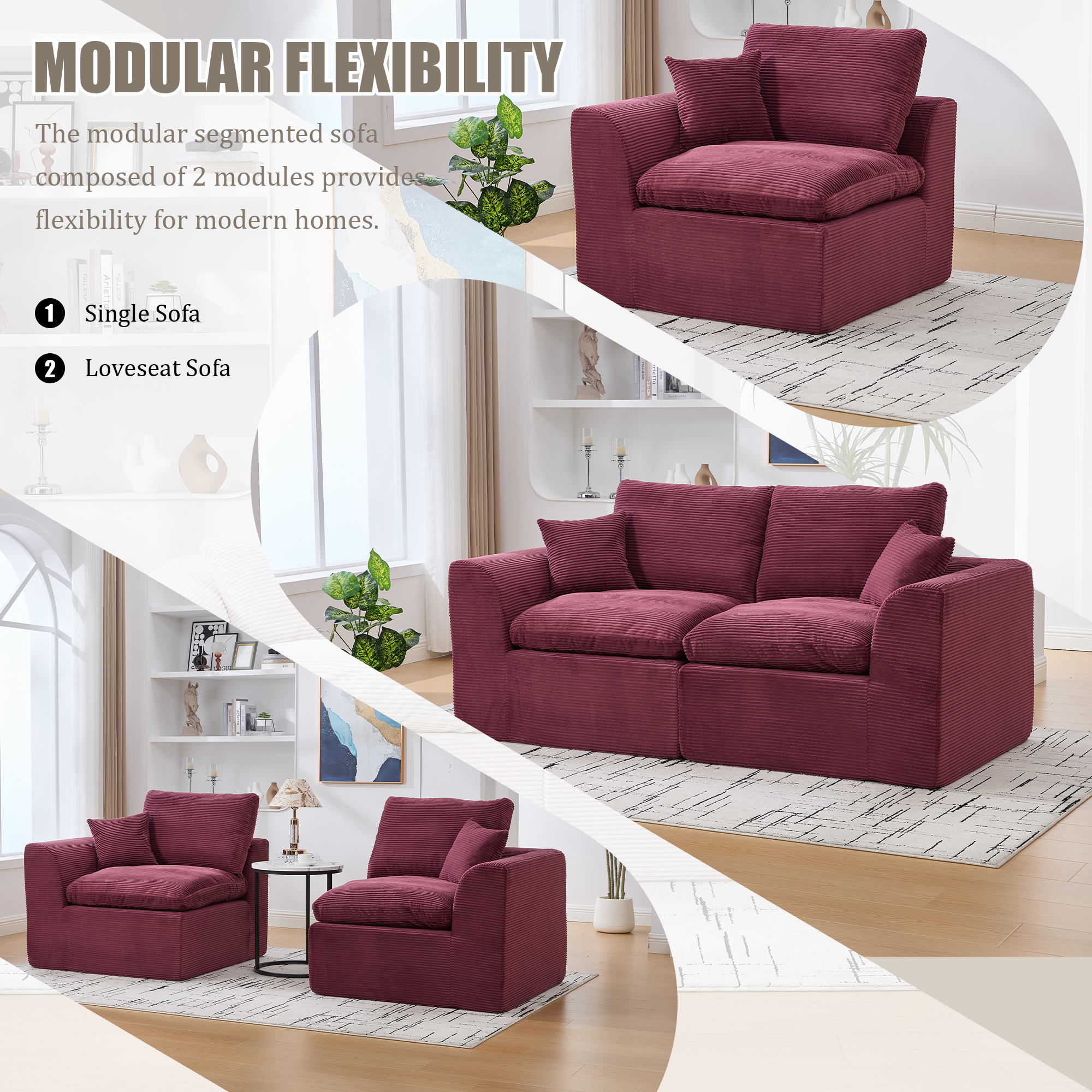 MOONMISS 80.3" Oversized Modular Sofa, Upholstered Corduroy 2 Seat Deep Seat Cloud Couch for Living Room Bedroom, No Assembly Required,Red
