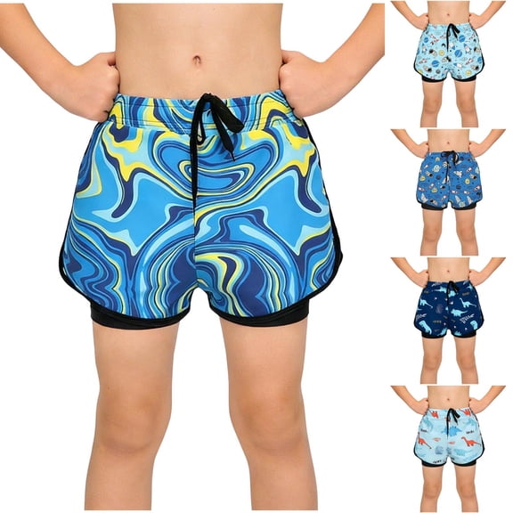 Asxite Boys Swim Trunks Double Layer Breathable Beach Shorts Graphic Print 5-14Y