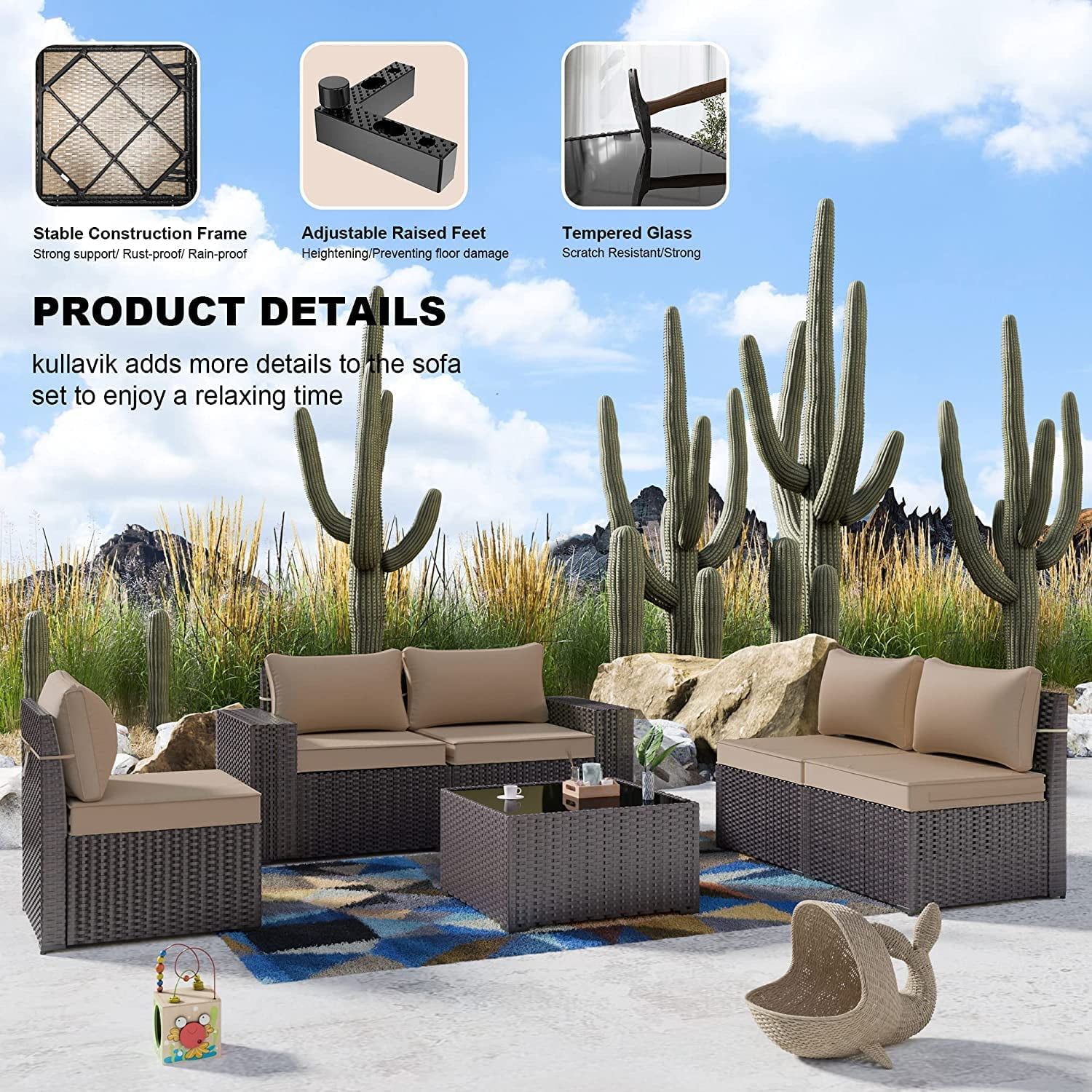 Gotland Outdoor Patio Furniture Sectional Conversation Set 12Pcs Rattan Wicker 10 Cushion Table Sand