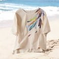 thumbnail image 5 of Women's Crinkle Cotton Feather Print T-Shirt Casual Round Neck Short Sleeve Boho Blouse Top, 5 of 6