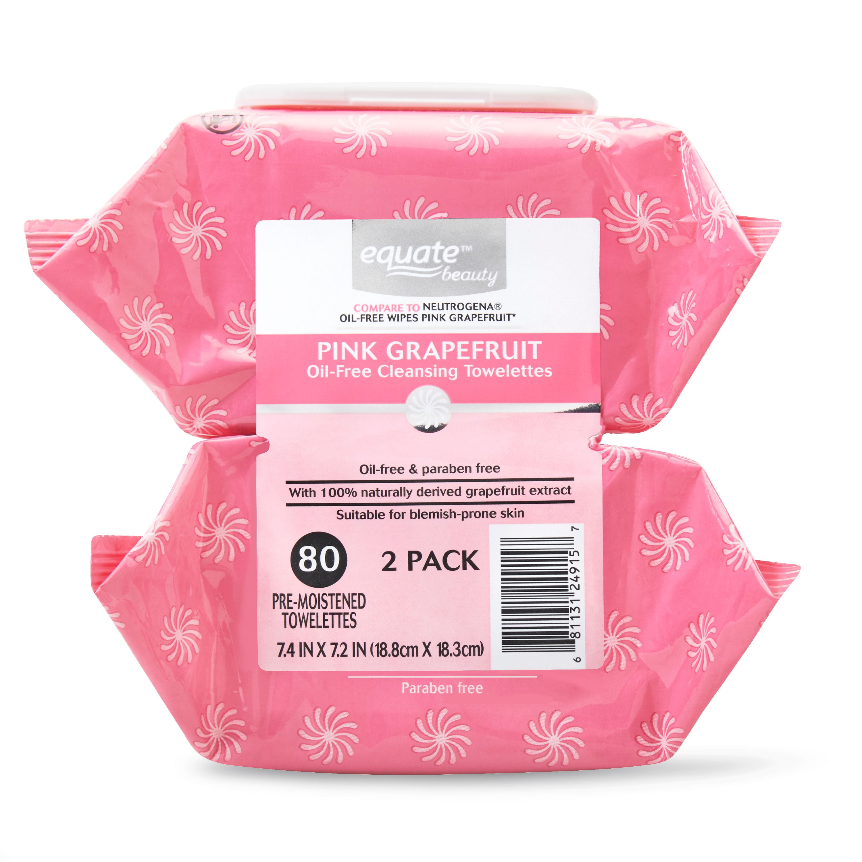 Equate Beauty Pink Grapefruit Oil Free Cleansing PreMoistened Towelettes, 80 Count, (Pack of 2