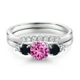 thumbnail image 3 of Gem Stone King 10K White Gold Pink Created Sapphire Black Onyx and White Lab Grown Diamond 5 Stone Bridal Engagement Wedding Ring Set for Women (0.86 Cttw, Round: 5MM and 3MM, Size 5), 3 of 6