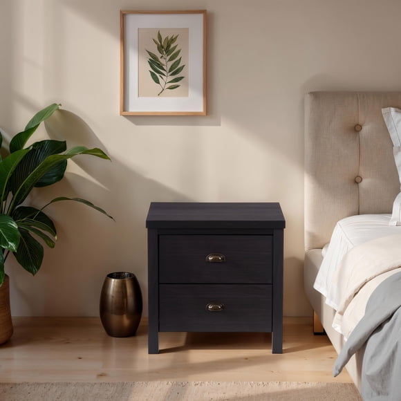 CorLiving Boston Contemporary Engineered Wood Bedroom Adult Nightstand with Two Drawers, Black