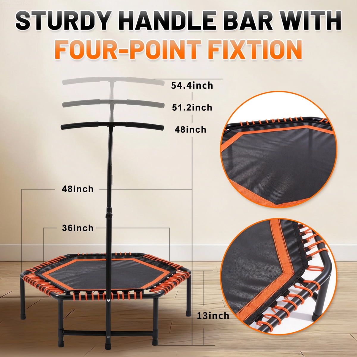 48 Inch Mini Rebounder for Adults with Adjustable Handlebar, Quiet Bungee System, Fitness Trampoline for Home Gym, Indoor Outdoor Cardio and Strength Training