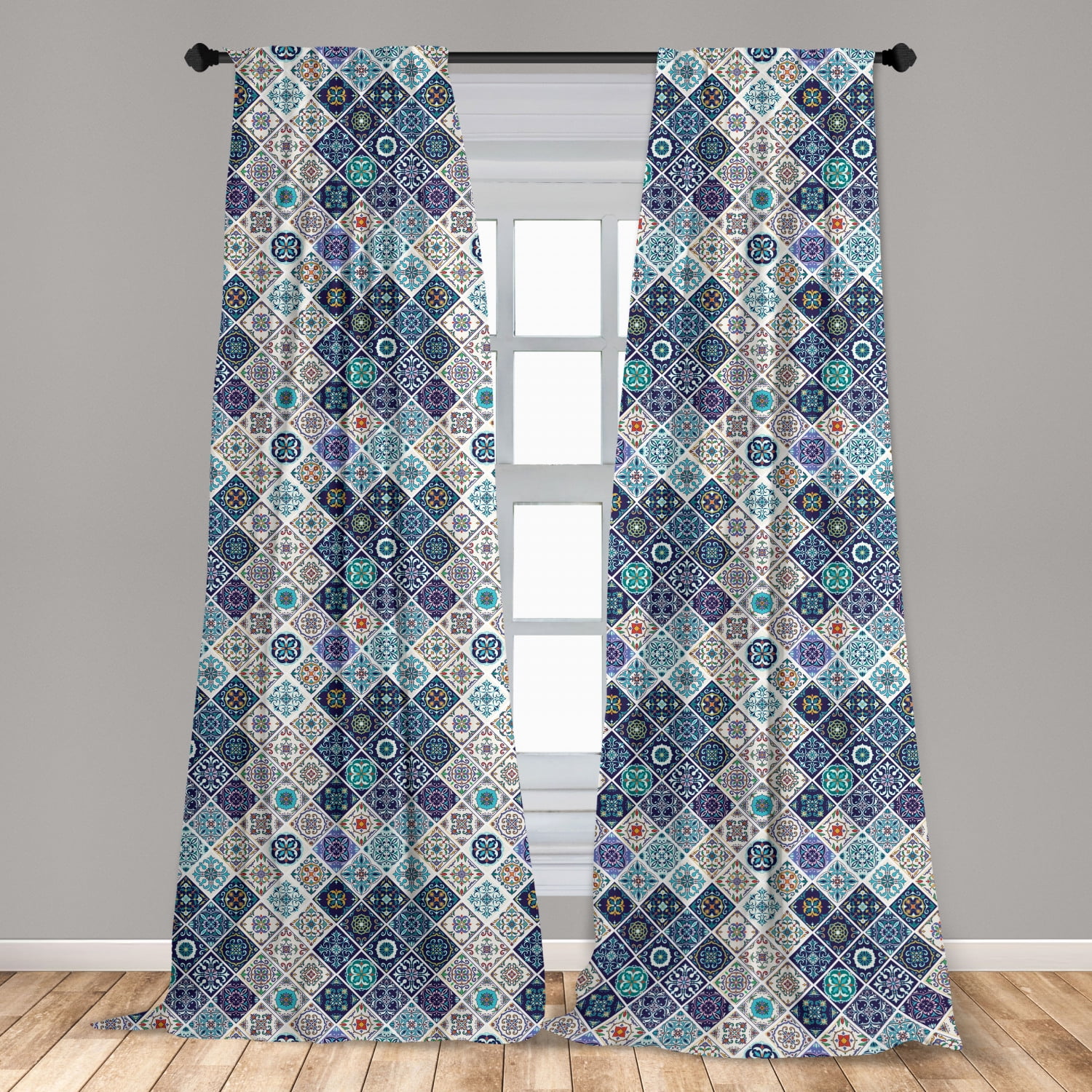 Traditional Curtains 2 Panels Set, Portuguese Historical Mixed Azulejo