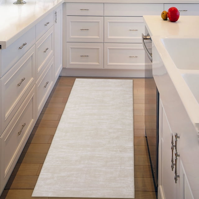 GlowSol 2'3" x 8' Machine Washable Runner Rug Contemporary Soild Runner Rug Indoor Low-Pile No-Slip Rug for Hallway Laundry Kitchen, Light Beige