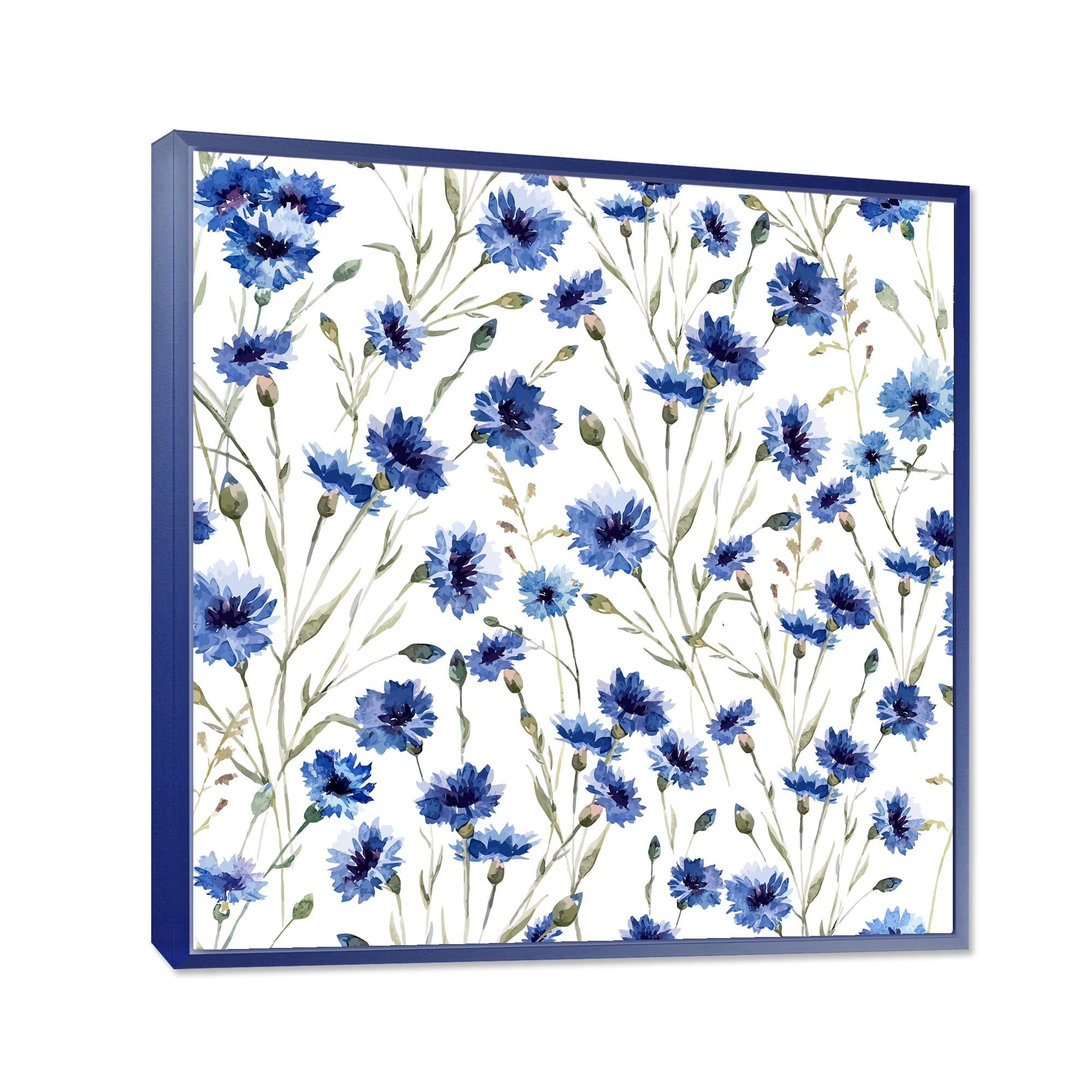 Designart 'Blue Wildflowers With Green Leaves On White' Traditional Framed Canvas Wall Art Print