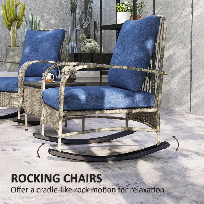 HOQBN 3 Piece Wicker Patio Furniture Set, Outdoor PE Rattan Rocking Chairs with Coffee Table, Cushions for Porch, Gray