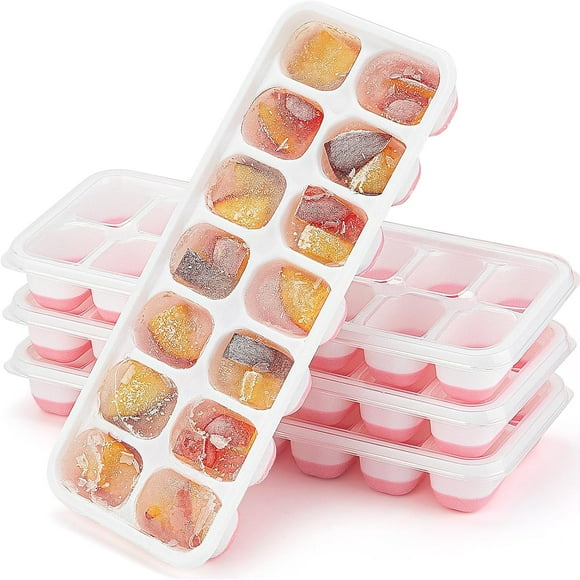 Ice Cube Tray,14 Ice Cube Molds with Lids, 2 Pack Silicone Ice Tray, Stackable Ice Cube Molds for Chilling Drinks, Whiskeys, Cocktails, Easy to Use (Pink)