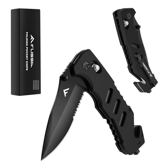 FLISSA Folding Pocket Knife with Clip, Glass Breaker and Seatbelt Cutter, Survival Knife for Emergency Rescue Situations, EDC Knife for Tactical, Hunting, Camping, Unique Gifts for Dad, Father-Black