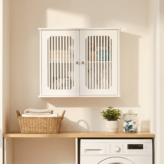 White Louvered Double Door Wall Mounted Bathroom Storage Cabinet, MDF Medicine Cabinet, Ventilated Vertical Organizer for Bathroom Balcony Entryway Home Storage