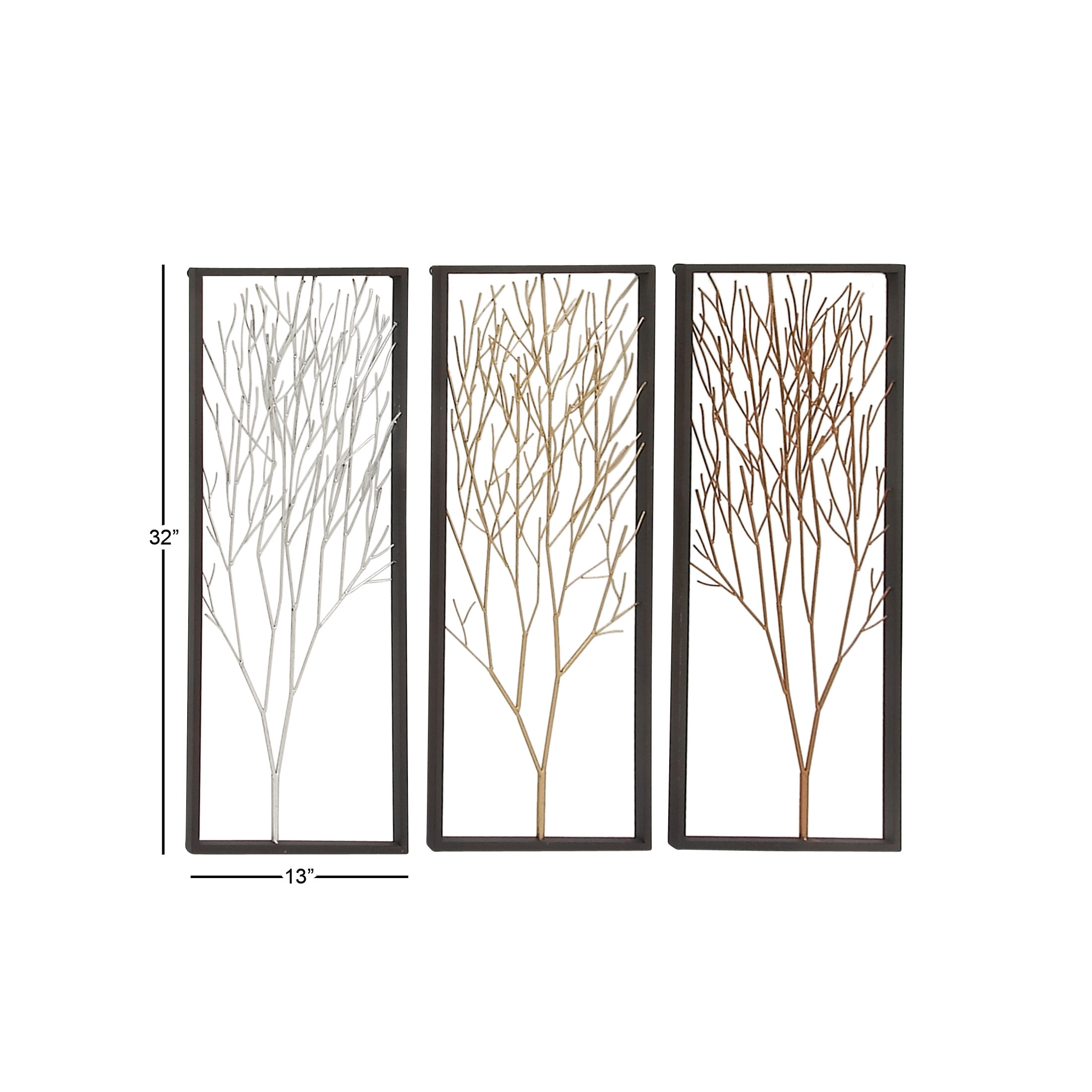 DecMode Black Metal Branch Tree Wall Decor with Metallic Copper, Silver, and Gold (3 Count)