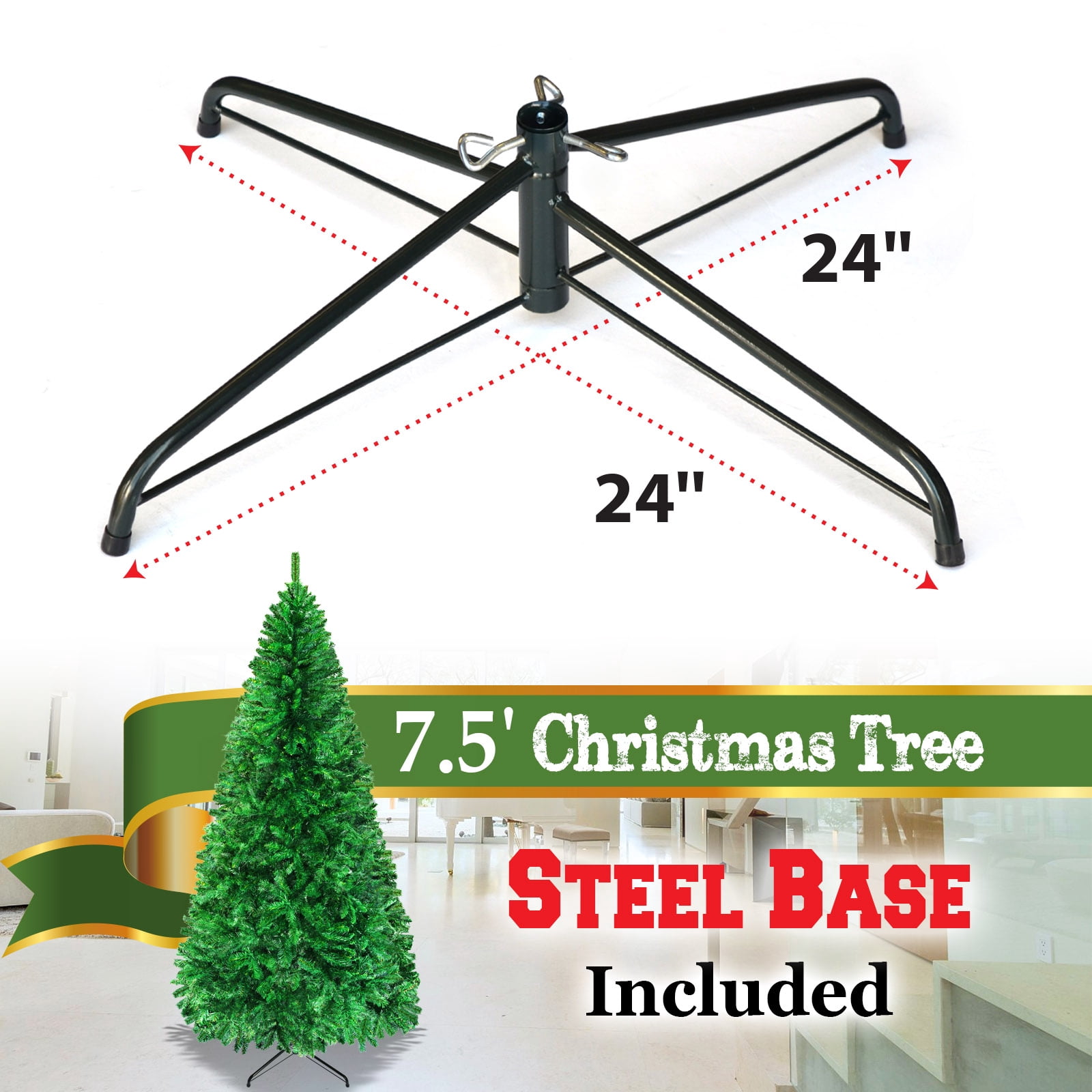Sunrise 4 Sizes Artificial Christmas Tree w/Metal Stand,Easy Assembly, Green (7.5 Ft)