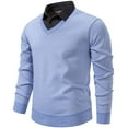thumbnail image 2 of Men's Color Block Two In One Shirt Long Sleeve Quarter Button Lapel Collar Solid Pullover Top Light Blue XL, 2 of 4