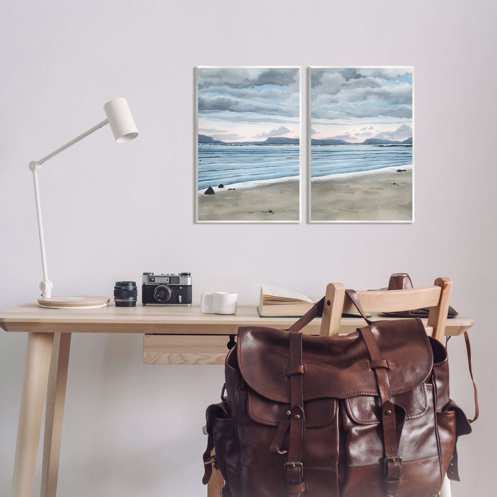 Stupell Cloudy Summer Beach Shore Watercolor Landscape Painting Wall Plaque Unframed Art Print Wall Art, Set of 2