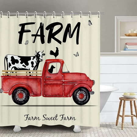KSCD Farm Shower Curtain Red Truck Cattle Rustic Cow Shower Curtain ...