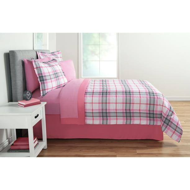 Mainstays Pink Plaid 6 Piece Bed in a Bag Comforter Set With Sheets