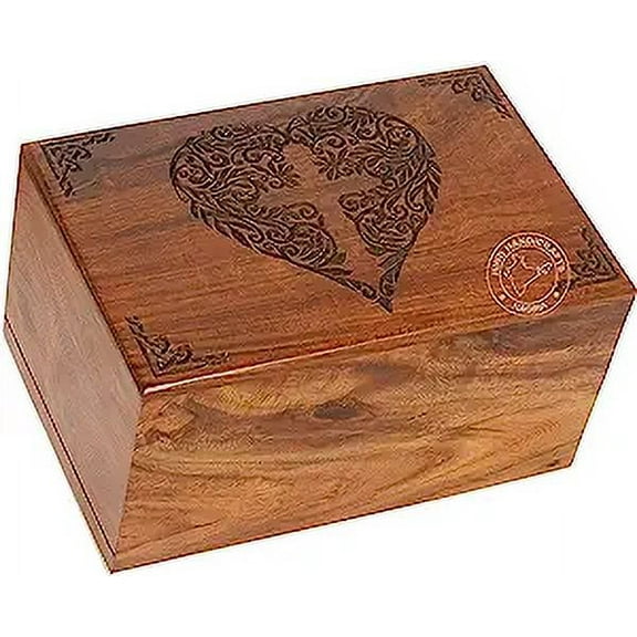 Rosewood Top Border Engraved Wooden Cremation Urns for Human Ashes Adult - Handcrafted Funeral Memorial Ashes Urn - Columbarium Urn (Heart Cross, 150 Cubic Inches)