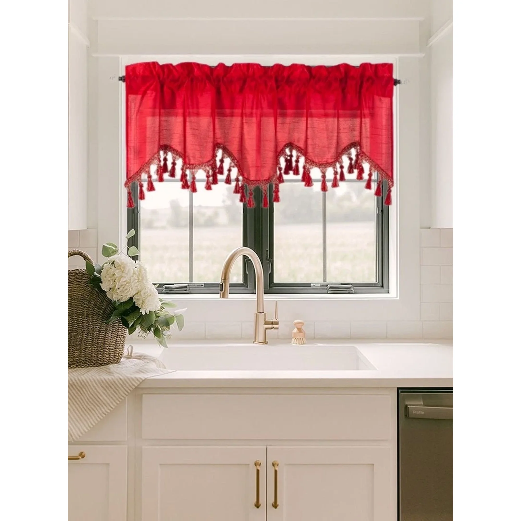 Gorgeous Home Linen 1Pc Wave Bright Red Waterfall Valance with Tassels Faux Silk Rod Pocket Semi Sheer Dressing Window 55" wide X 18" long for kitchen décor