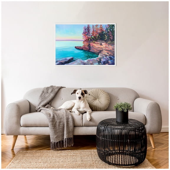 Kate and Laurel Cave Point at Sunrise Framed Canvas Wall Art by Rachel Christopoulos 33 x 23 Sylvie White, Coastal, Landscapes, Beach, Nature Art for Wall Decor, Living Room, Bedroom
