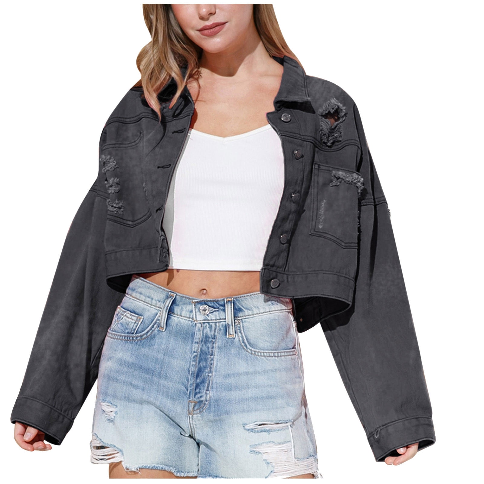 jovati Long Denim Jacket Women Fashion Women Casual Pockets Button Solid Long Sleeve Tops Jacket Denim Coat Walmart